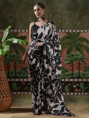 Black ready to wear satin floral digital printed saree 1