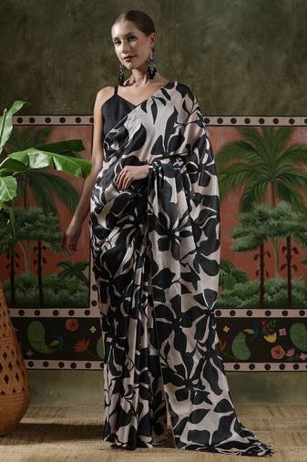 Black ready to wear satin floral digital printed saree
