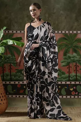 Black ready to wear satin floral digital printed saree