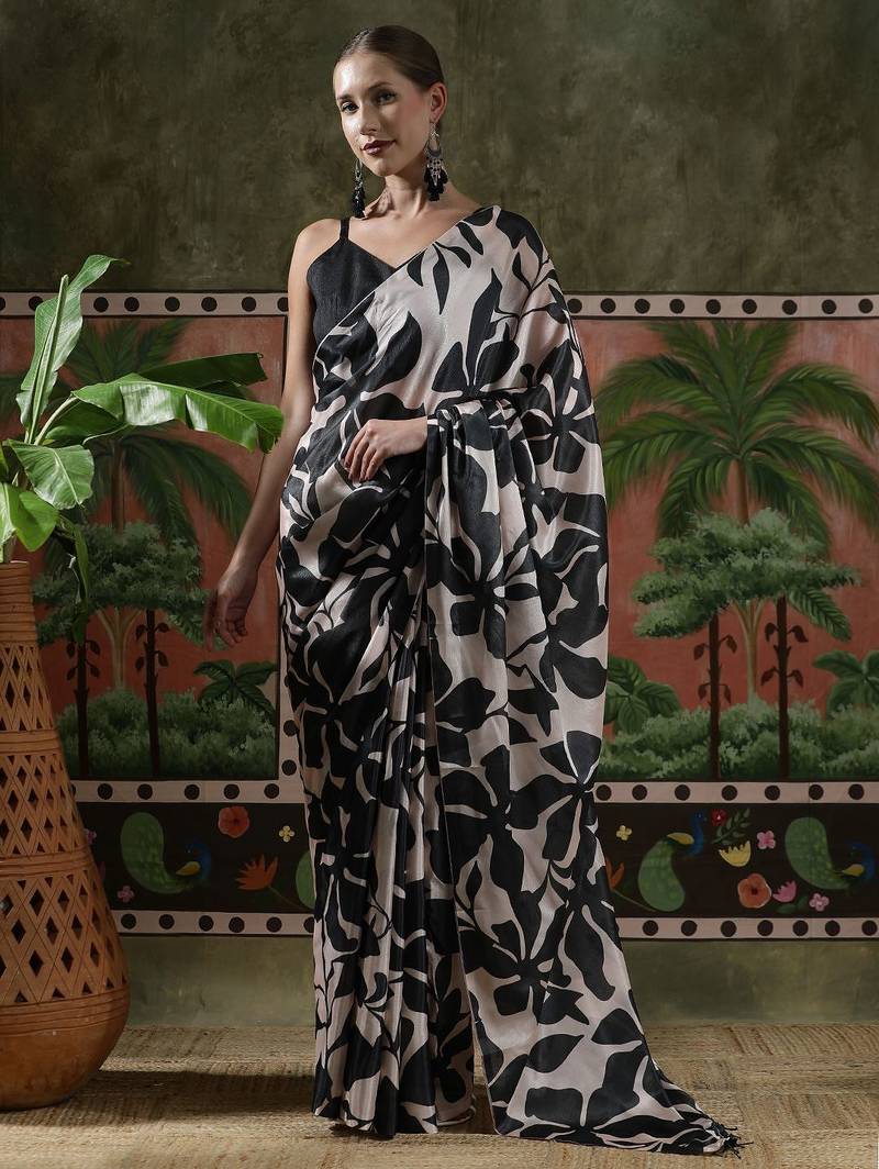 Black ready to wear satin floral digital printed saree