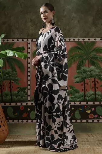 Black ready to wear satin floral digital printed saree