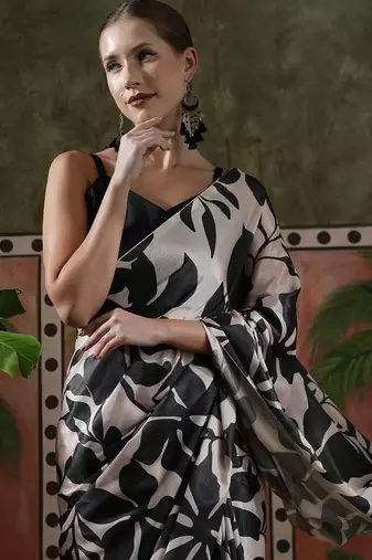 Black ready to wear satin floral digital printed saree