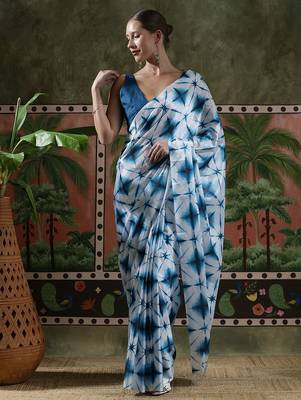 Blue ready to wear satin floral digital printed saree 1