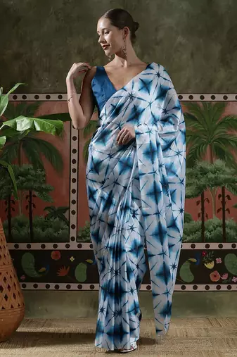 Blue ready to wear satin floral digital printed saree