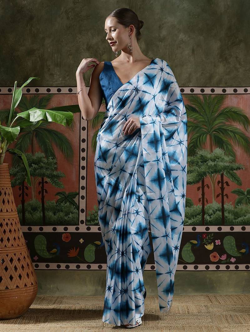 Blue ready to wear satin floral digital printed saree