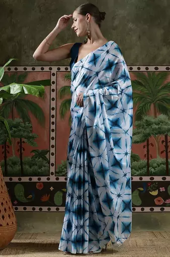 Blue ready to wear satin floral digital printed saree
