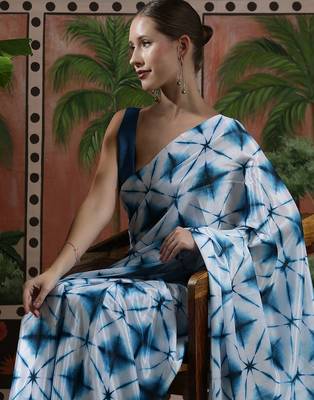 Blue ready to wear satin floral digital printed saree 4
