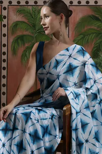 Blue ready to wear satin floral digital printed saree