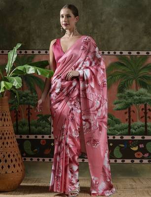 Pink ready to wear satin floral digital printed saree 1