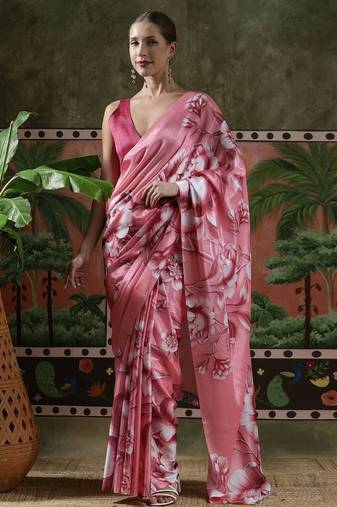 Pink ready to wear satin floral digital printed saree