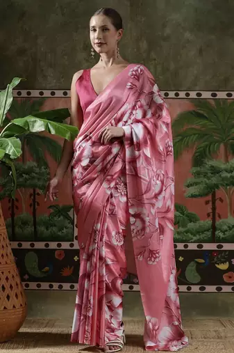 Pink ready to wear satin floral digital printed saree