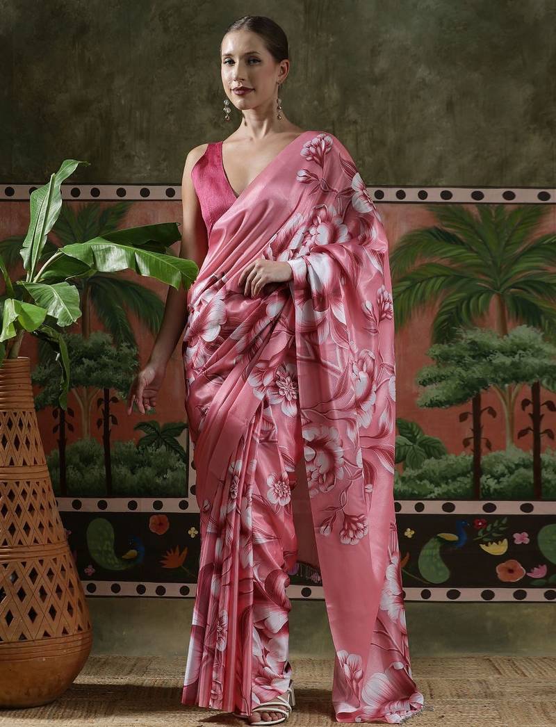 Pink ready to wear satin floral digital printed saree