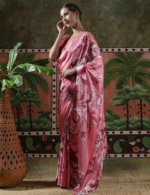 Pink ready to wear satin floral digital printed saree 2