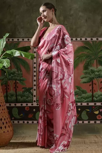 Pink ready to wear satin floral digital printed saree