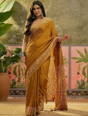 Mustard women ajrak block zari saree 1