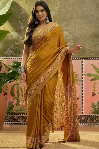 Mustard women ajrak block zari saree