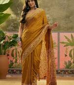 Mustard women ajrak block zari saree