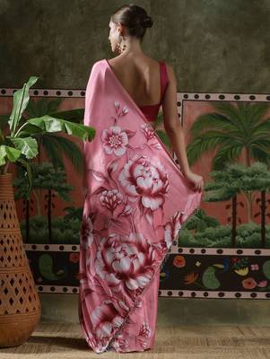 Pink ready to wear satin floral digital printed saree 3