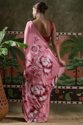 Pink ready to wear satin floral digital printed saree