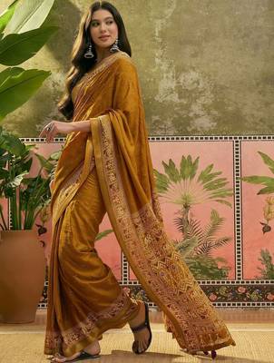 Mustard women ajrak block zari saree 2