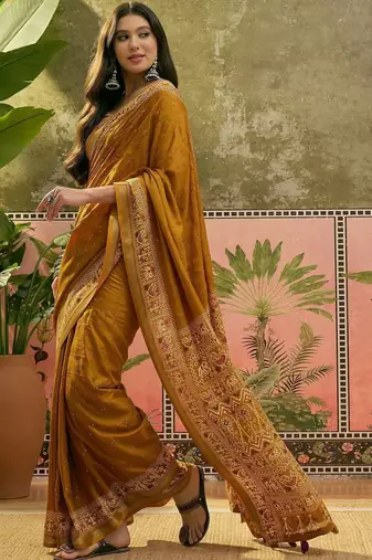 Mustard women ajrak block zari saree