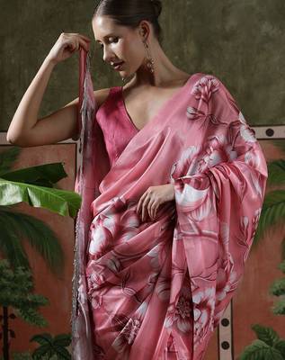 Pink ready to wear satin floral digital printed saree 4