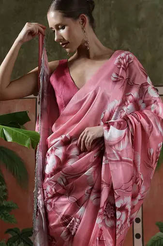 Pink ready to wear satin floral digital printed saree