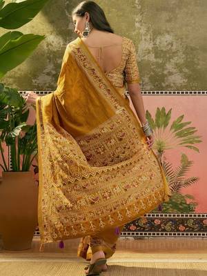 Mustard women ajrak block zari saree 3