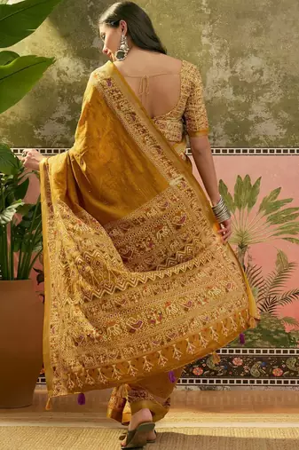 Mustard women ajrak block zari saree