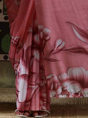 Pink ready to wear satin floral digital printed saree 5