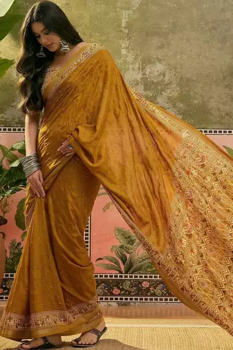 Mustard women ajrak block zari saree
