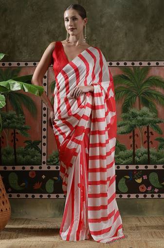Red ready to wear satin floral digital printed saree