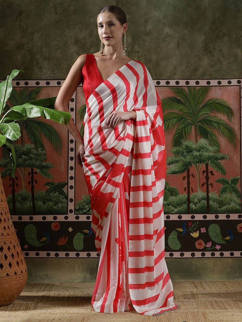 Red ready to wear satin floral digital printed saree