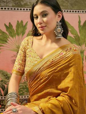 Mustard women ajrak block zari saree 5