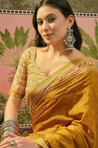 Mustard women ajrak block zari saree