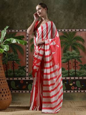 Red ready to wear satin floral digital printed saree 2