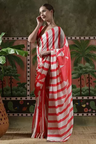 Red ready to wear satin floral digital printed saree