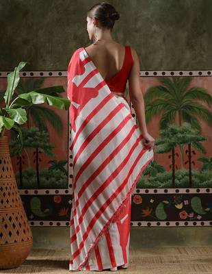 Red ready to wear satin floral digital printed saree 3