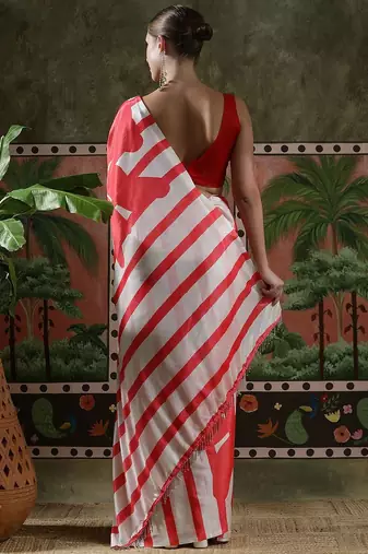 Red ready to wear satin floral digital printed saree