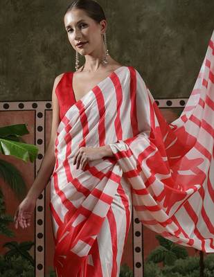 Red ready to wear satin floral digital printed saree 4