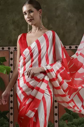 Red ready to wear satin floral digital printed saree