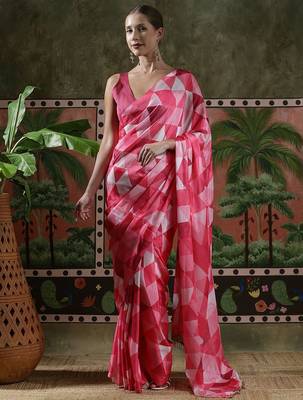 Pink ready to wear satin floral digital printed saree 1