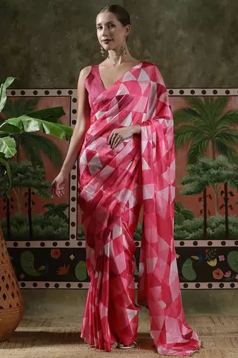 Pink ready to wear satin floral digital printed saree