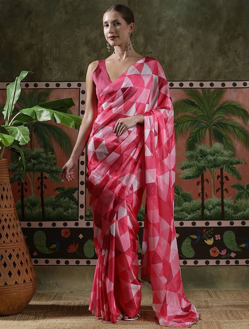 Pink ready to wear satin floral digital printed saree