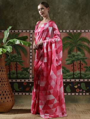 Pink ready to wear satin floral digital printed saree 2
