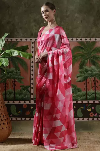 Pink ready to wear satin floral digital printed saree
