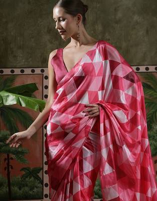 Pink ready to wear satin floral digital printed saree 4