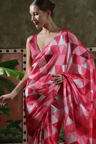Pink ready to wear satin floral digital printed saree