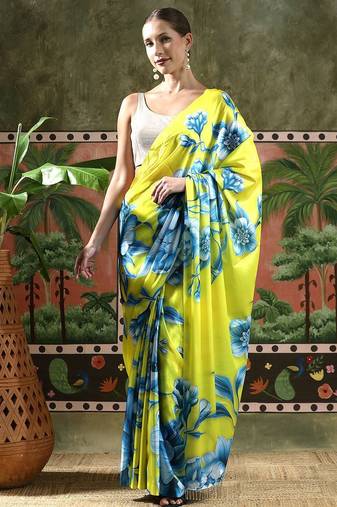 Green ready to wear satin floral digital printed saree