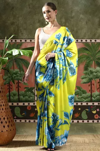 Green ready to wear satin floral digital printed saree